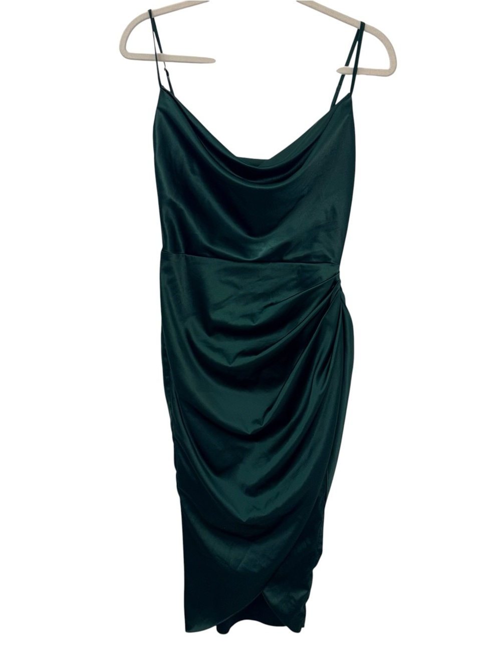 Emerald Green Satin Cowl Neck Draped Midi Dress size Small
